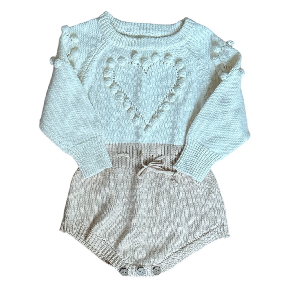 Cozy Knit Heart Long Sleeve Romper - Cream and Tan - Picture 3 of 8